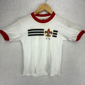 Vintage Boy Scouts of America BSA Ringer T-Shirt White Red Kids Medium 10-12 USA
